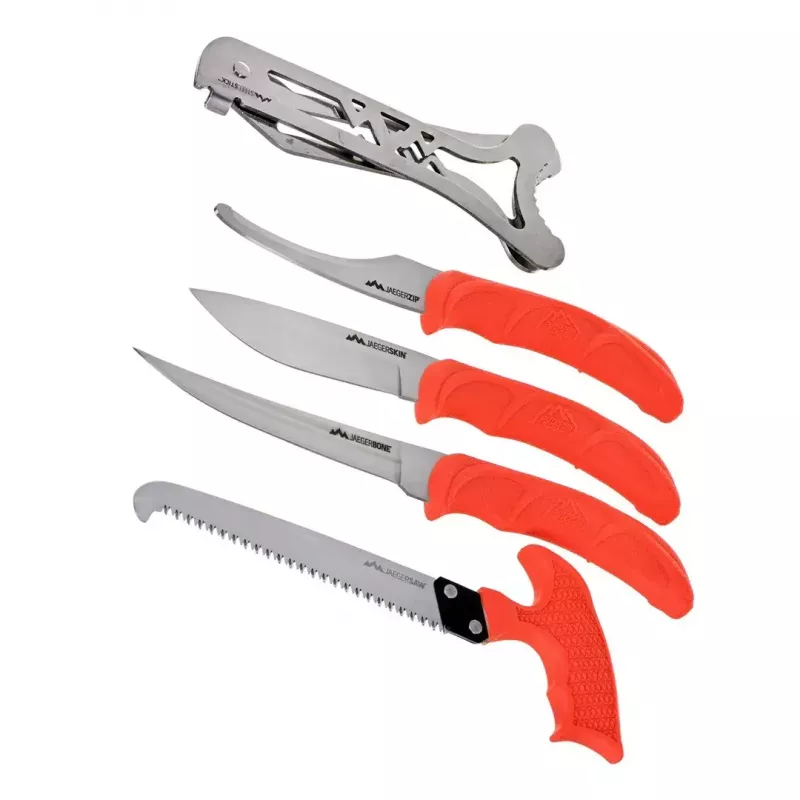 Stacionarių peilių medžioklės rinkinys Outdoor Edge Jaeger Pak 02OE069 su peiliu ir žvėrienos apdorojimo įrankiais