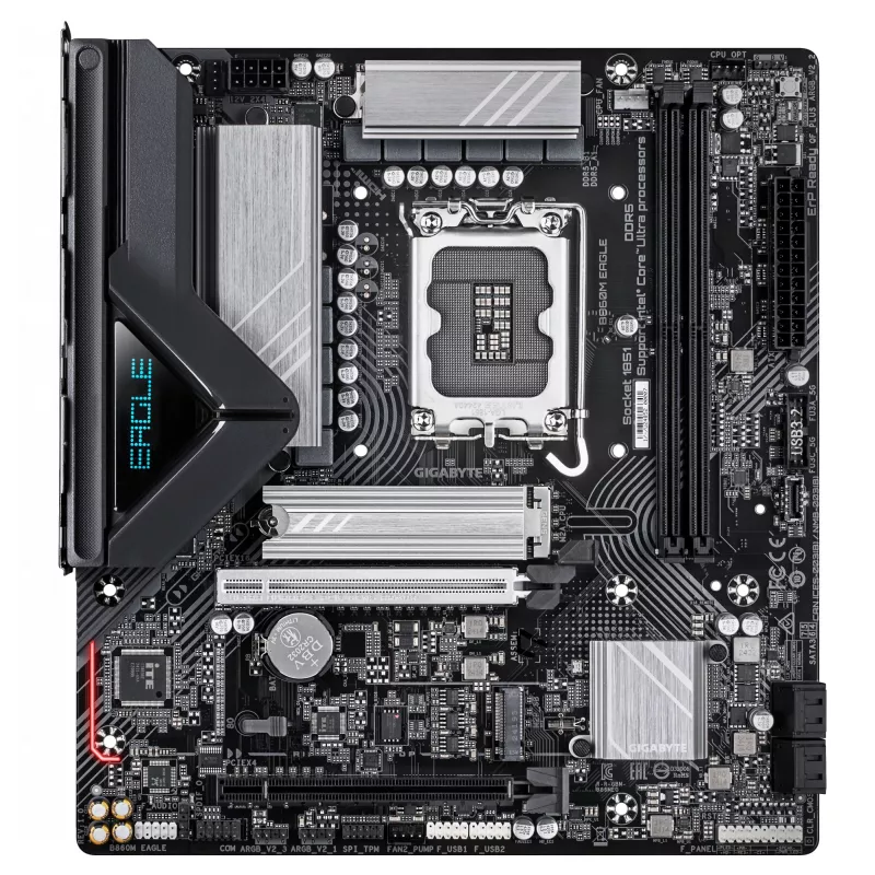 GIGABYTE B860M EAGLE pagrindinė plokštė – Intel Core Ultra serijos procesoriams, 6+1+2+1 fazių VRM, iki 9066MHz DDR5, 1xPCIe 5.0 + 1xPCIe 4.0 M.2, 2.5GbE LAN, USB 3.2 Gen 1
