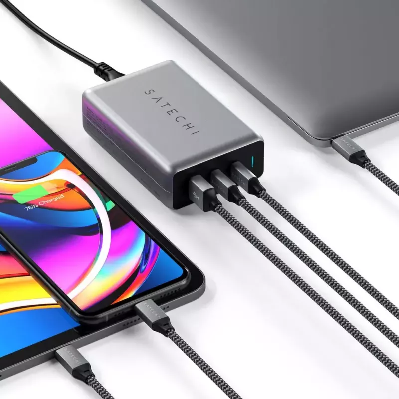 Mobilaus įrenginio įkroviklis Satechi ST-TC100GM-EU, 100 W, 2× USB-C, kintamosios srovės įvestis 100–240 V, pilkas