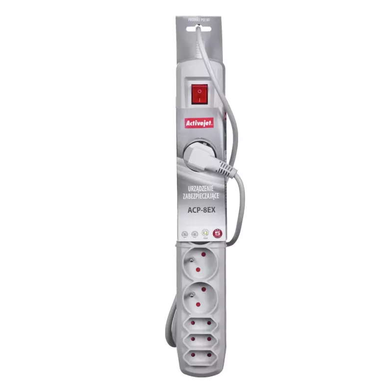 Maitinimo juosta ActiveJet APN-8G/5M-GR — 8 kintamosios srovės lizdai (E/C tipo), 5 m laidas, 10 A, 230 V, pilka