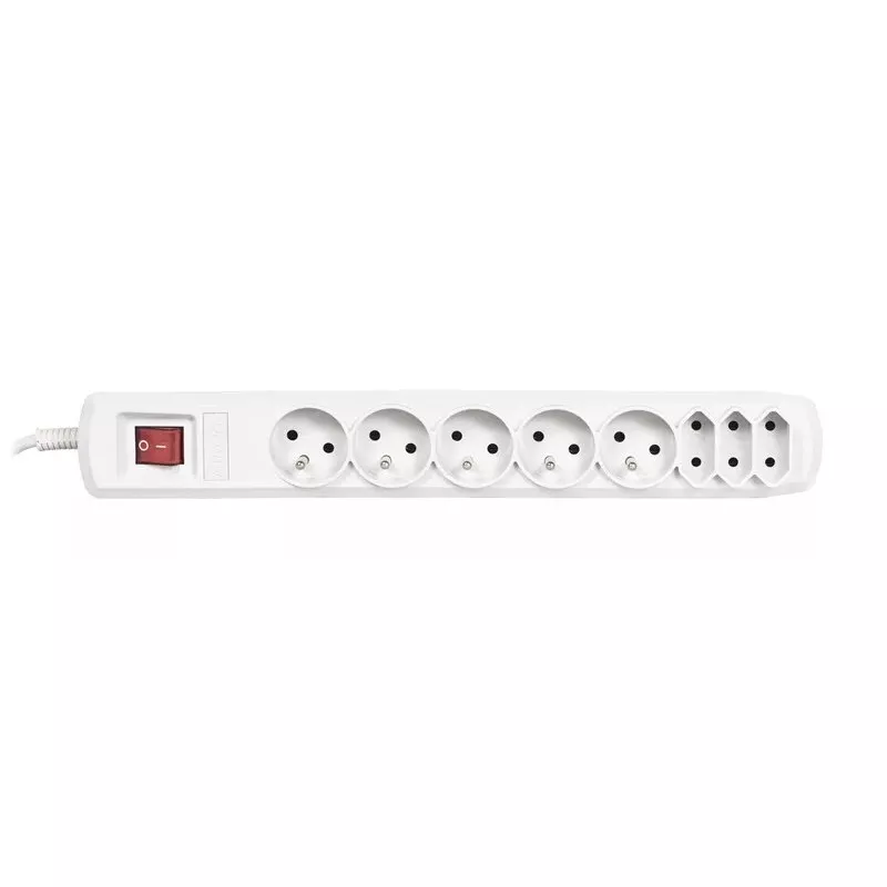Maitinimo juosta ActiveJet APN-8G/5M-GR — 8 kintamosios srovės lizdai (E/C tipo), 5 m laidas, 10 A, 230 V, pilka