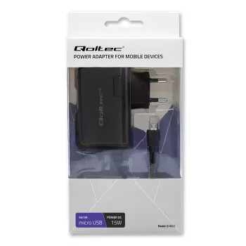 Kintamosios srovės patalpų mobiliojo įrenginio įkroviklis QOLTEC 51022, 5 V 15 W, Micro-USB, 1,4 m laidas, juodas