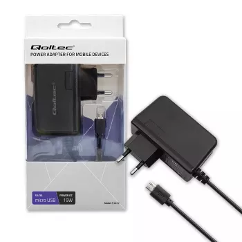 Kintamosios srovės patalpų mobiliojo įrenginio įkroviklis QOLTEC 51022, 5 V 15 W, Micro-USB, 1,4 m laidas, juodas
