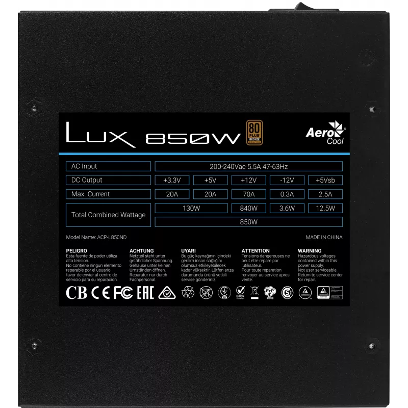 Aerocool LUX850 PC maitinimo blokas 850W 80 Plus Bronze 230V 88% efektyvumas juodas