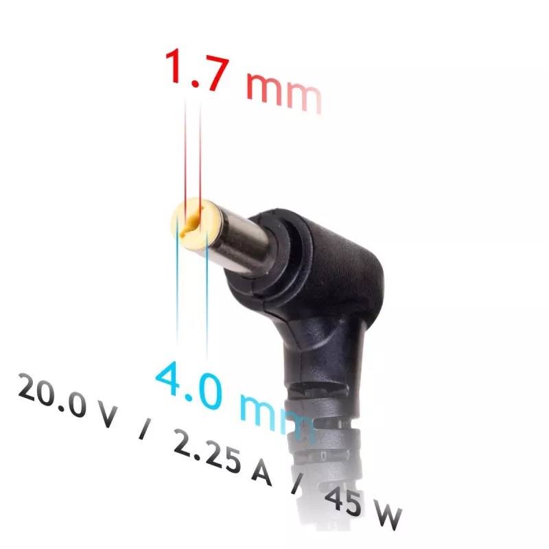 Akyga maitinimo adapteris AK-ND-50 nešiojamiesiems kompiuteriams, 20 V 2,25 A 45 W, jungtis 4,0×1,7 mm, 1,2 m laidas, juodas