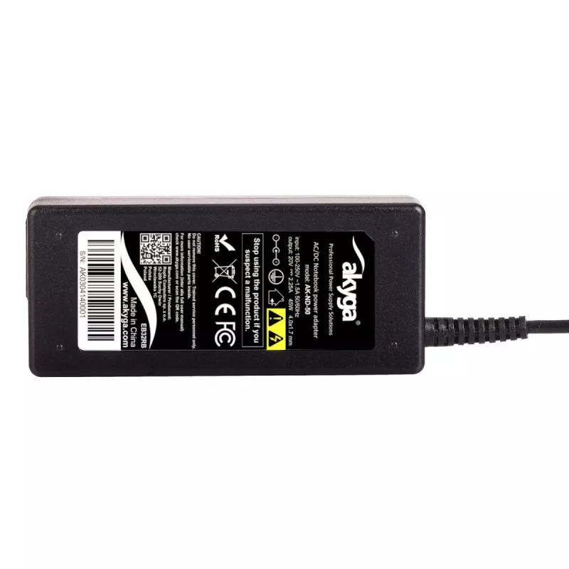 Akyga maitinimo adapteris AK-ND-50 nešiojamiesiems kompiuteriams, 20 V 2,25 A 45 W, jungtis 4,0×1,7 mm, 1,2 m laidas, juodas