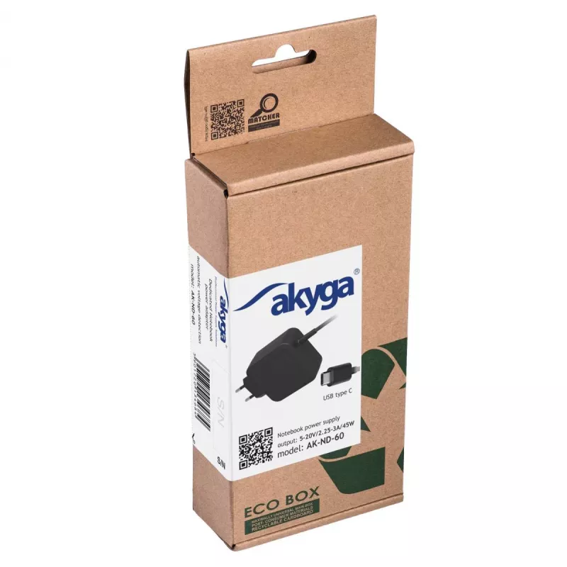 Maitinimo adapteris Akyga AK-ND-60, universalus 45 W, įvestis 100–250 V, juodas, 0,183 kg