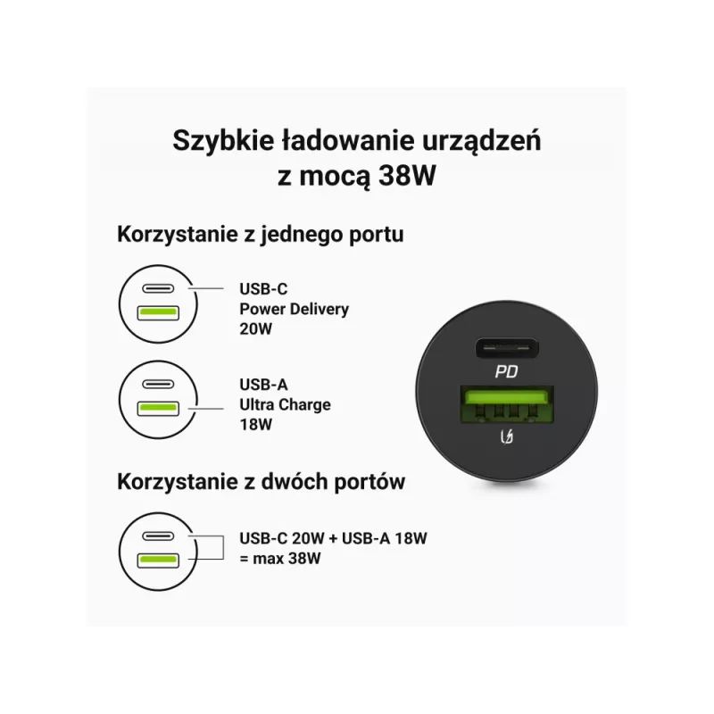 Automobilinis pakrovėjas Green Cell CADM-GC-38AC 38W, 1x USB-C (PD 3.0) + 1x USB-A, aliuminis korpusas, juodas