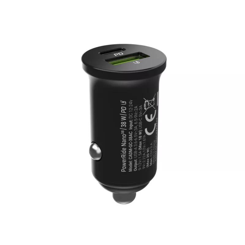 Automobilinis pakrovėjas Green Cell CADM-GC-38AC 38W, 1x USB-C (PD 3.0) + 1x USB-A, aliuminis korpusas, juodas