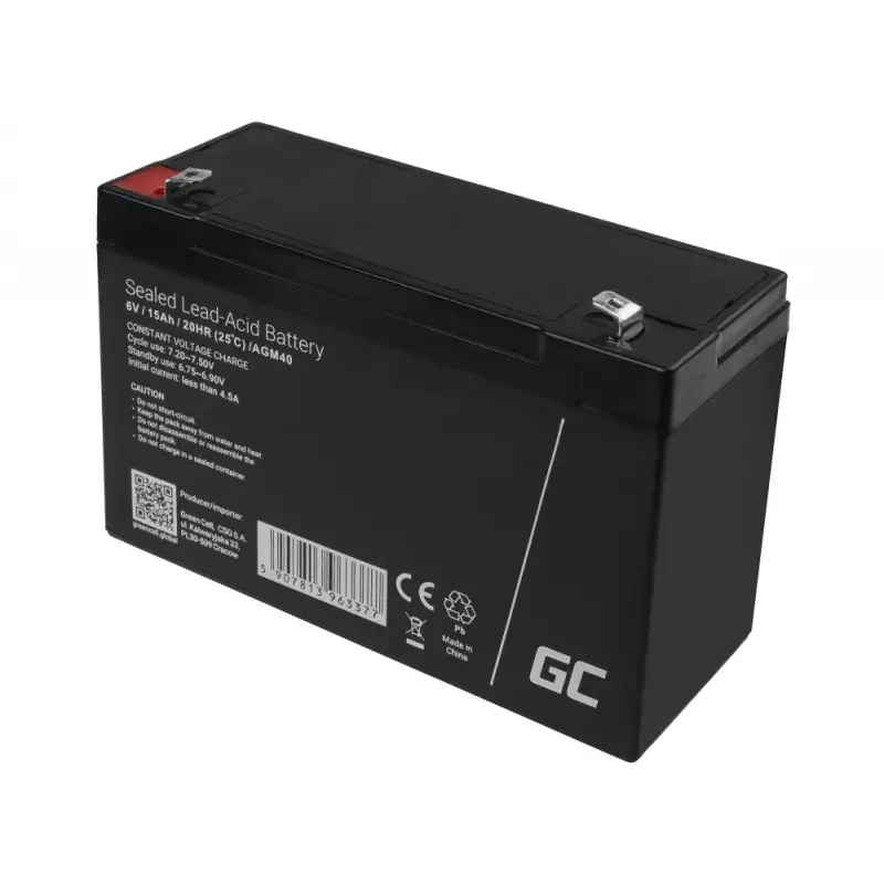 UPS baterija Green Cell AGM40 — VRLA AGM 6V 14Ah, sandari švino rūgštinė, 94×50×151 mm, 1,8 kg