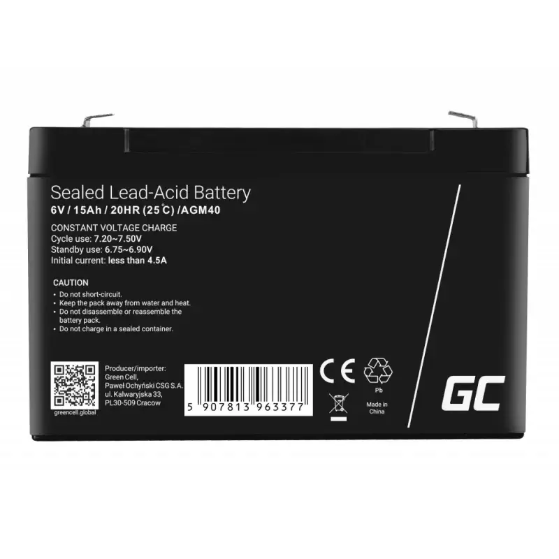 UPS baterija Green Cell AGM40 — VRLA AGM 6V 14Ah, sandari švino rūgštinė, 94×50×151 mm, 1,8 kg