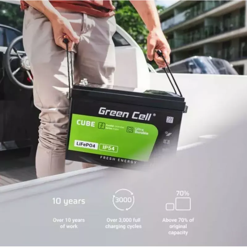 LiFePO4 baterija Green Cell 12,8 V 125 Ah — 125 Ah, 12,8 V, 150 A maks. iškrova, 13,5 kg, 340×180×225 mm