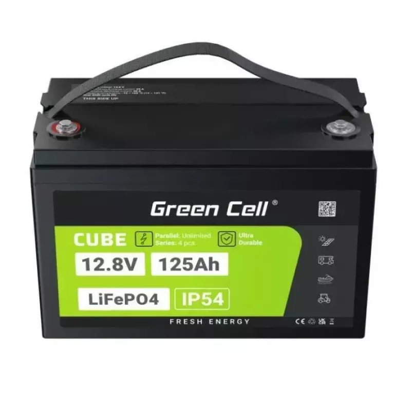 LiFePO4 baterija Green Cell 12,8 V 125 Ah — 125 Ah, 12,8 V, 150 A maks. iškrova, 13,5 kg, 340×180×225 mm