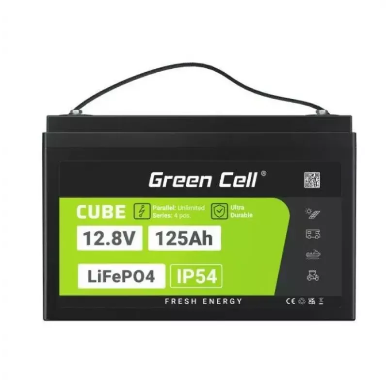 LiFePO4 baterija Green Cell 12,8 V 125 Ah — 125 Ah, 12,8 V, 150 A maks. iškrova, 13,5 kg, 340×180×225 mm
