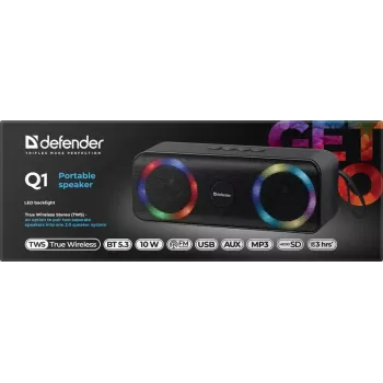 Nešiojamas Bluetooth garsiakalbis DEFENDER Q1 juodas, 10W RMS, 1200 mAh, Bluetooth 5.0, MicroSD, FM, AUX, USB