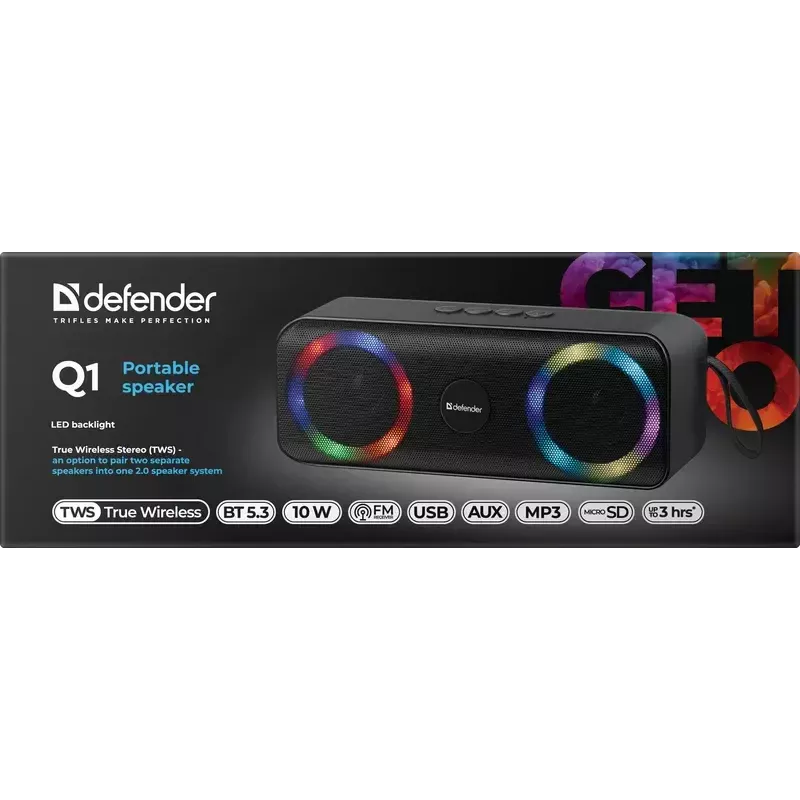 Nešiojamas Bluetooth garsiakalbis DEFENDER Q1 juodas, 10W RMS, 1200 mAh, Bluetooth 5.0, MicroSD, FM, AUX, USB