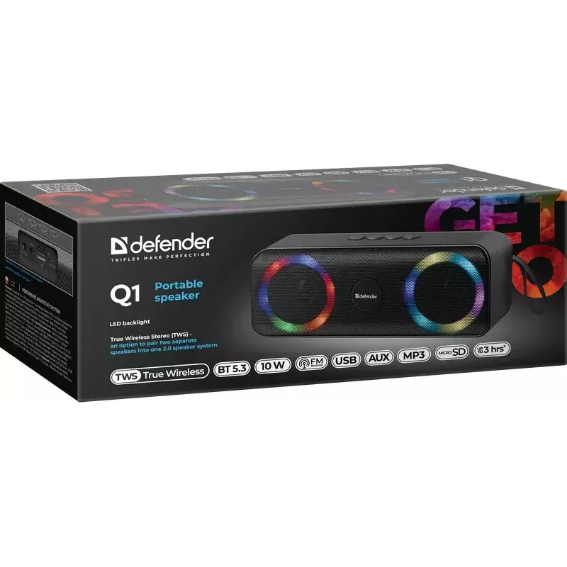 Nešiojamas Bluetooth garsiakalbis DEFENDER Q1 juodas, 10W RMS, 1200 mAh, Bluetooth 5.0, MicroSD, FM, AUX, USB
