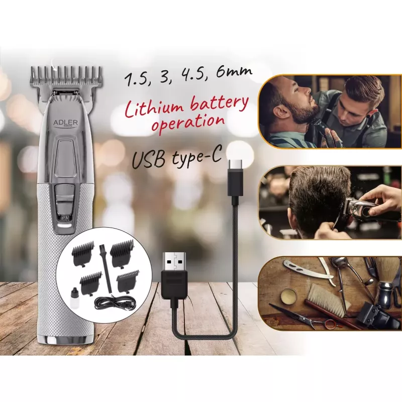 Barzdaskutė Adler AD 2836S, belaidė, ličio baterija, 0,9–6 mm, 4 ilgio pakopos, nerūdijančio plieno peiliukai, sidabrinė