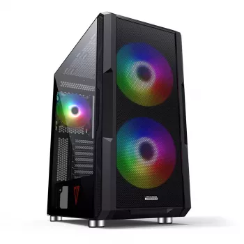 PC korpusas MODECOM AMIRANI ARGB Midi Tower, juodas, grūdintas stiklas, 2x200 mm priekiniai + 1x120 mm galinis ventiliatoriai, USB-A 2x, USB-C 1x, palaiko ATX/ITX, GPU iki 35 cm
