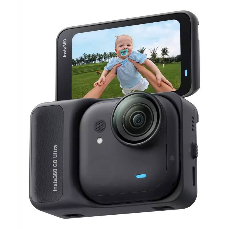 Veiksmo sporto kamera Insta360 GO Ultra Standard Juoda — 4K Ultra HD 3840×2880, 1/1,28 colio jutiklis, 240 fps, Wi‑Fi, integruotas ekranas, MicroSD, 52,9 g