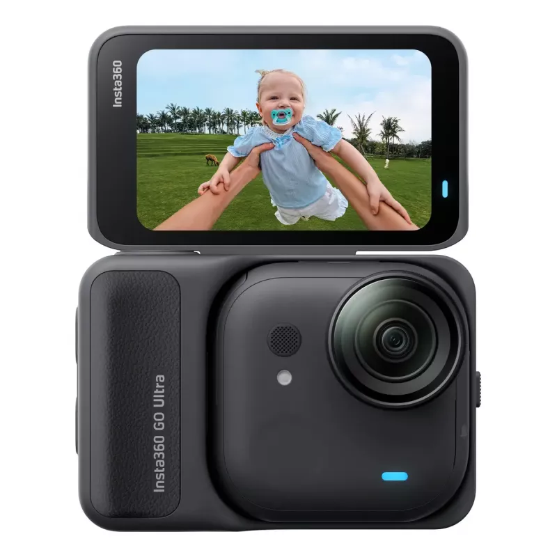 Veiksmo sporto kamera Insta360 GO Ultra Standard Juoda — 4K Ultra HD 3840×2880, 1/1,28 colio jutiklis, 240 fps, Wi‑Fi, integruotas ekranas, MicroSD, 52,9 g