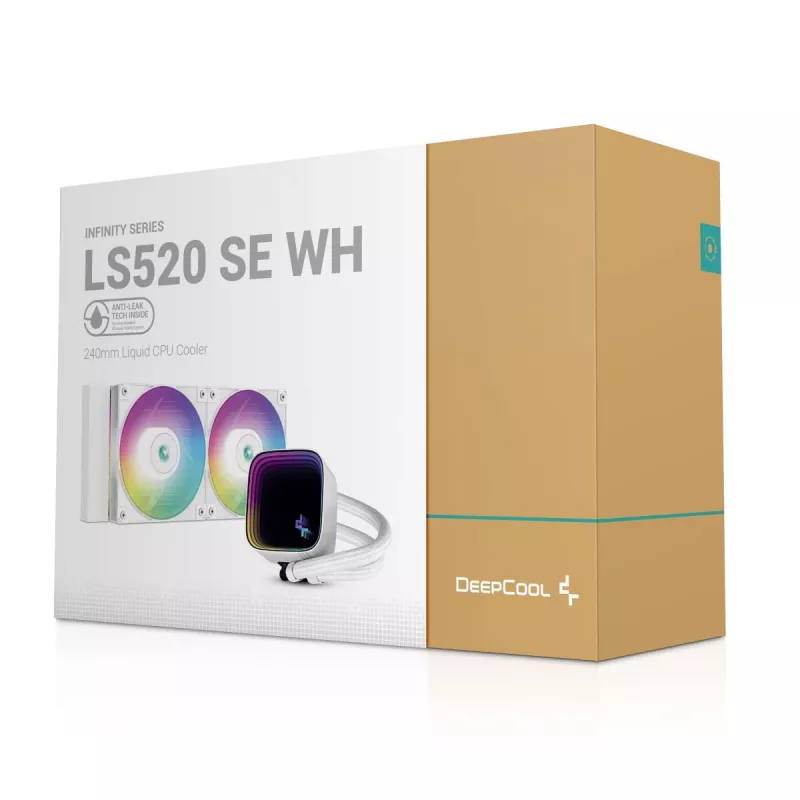 Skysčio aušintuvas „viskas viename“ DeepCool LS520 SE WH — 240 mm radiatorius, 2× 120 mm PWM ventiliatoriai, baltas, varinis pagrindas