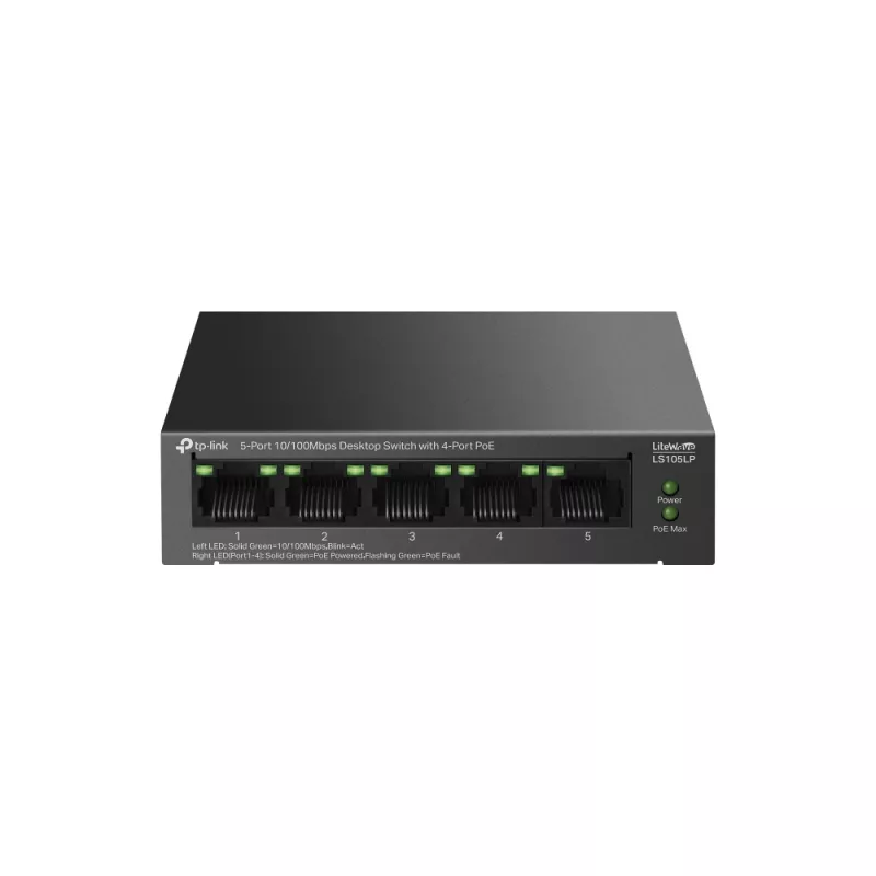 Nevadomas komutatorius TP‑LINK LS105P, 5x Fast Ethernet (10/100) prievadai, 4x PoE prievadai, 1 Gbit/s perjungimo pralaidumas, be ventiliatoriaus, juodas