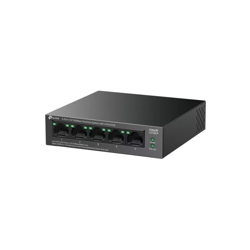 Nevadomas komutatorius TP‑LINK LS105P, 5x Fast Ethernet (10/100) prievadai, 4x PoE prievadai, 1 Gbit/s perjungimo pralaidumas, be ventiliatoriaus, juodas