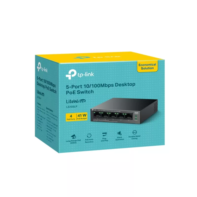 Nevadomas komutatorius TP‑LINK LS105P, 5x Fast Ethernet (10/100) prievadai, 4x PoE prievadai, 1 Gbit/s perjungimo pralaidumas, be ventiliatoriaus, juodas