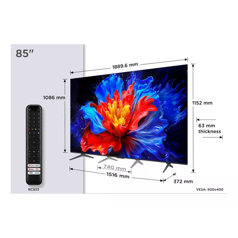 Smart TV TCL 85P89K 85 colių (216 cm) QLED 4K UHD, Google TV, HDR10+, 450 cd/m², 3840×2160
