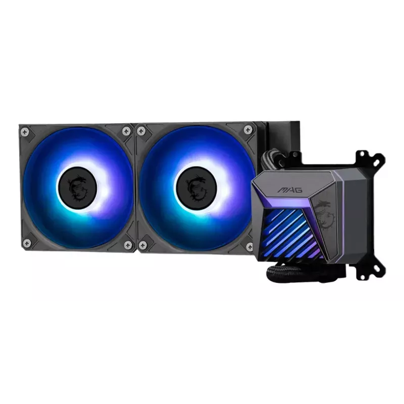 Viskas viename skysčio aušintuvas MSI MAG Coreliquid A15 240 — 240 mm radiatorius, 2×120 mm ventiliatoriai, LGA1700/AM4/AM5, juodas