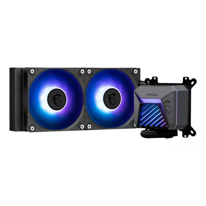 Viskas viename skysčio aušintuvas MSI MAG Coreliquid A15 240 — 240 mm radiatorius, 2×120 mm ventiliatoriai, LGA1700/AM4/AM5, juodas