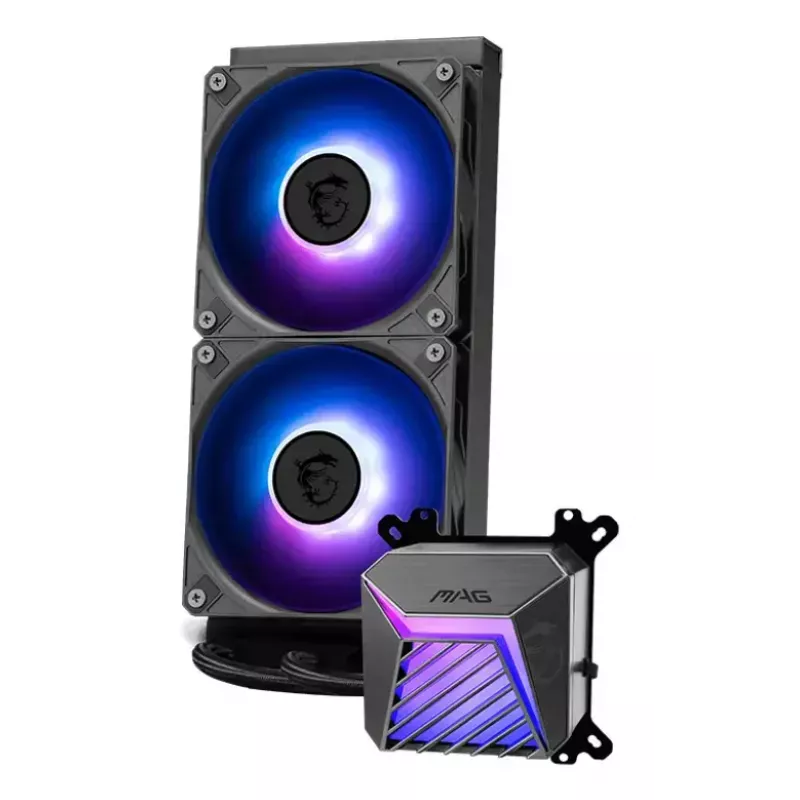Viskas viename skysčio aušintuvas MSI MAG Coreliquid A15 240 — 240 mm radiatorius, 2×120 mm ventiliatoriai, LGA1700/AM4/AM5, juodas