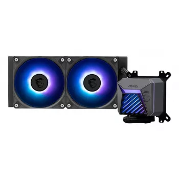 Viskas viename skysčio aušintuvas MSI MAG Coreliquid A15 240 — 240 mm radiatorius, 2×120 mm ventiliatoriai, LGA1700/AM4/AM5, juodas