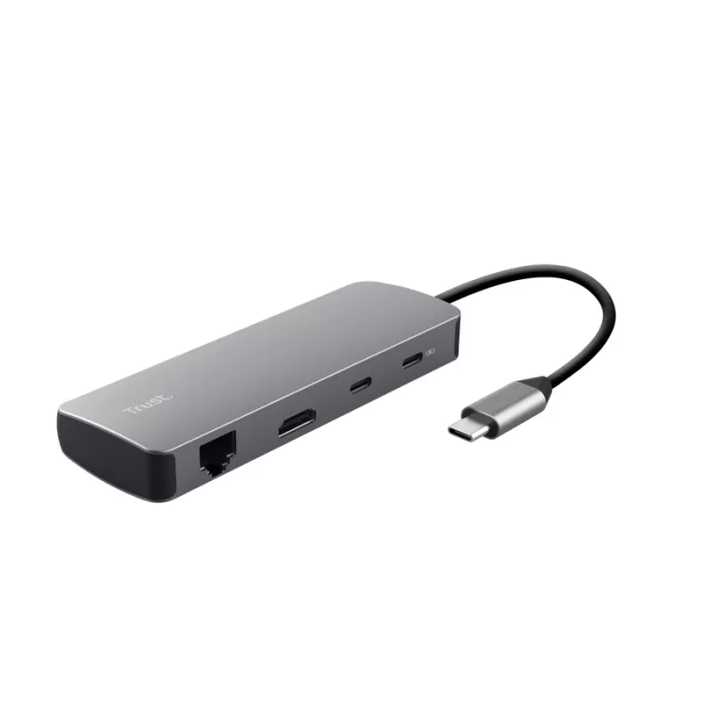 USB Type-C šakotuvas TRUST 25672 — HDMI, RJ-45, USB 3.2 Gen 1 Type-A/Type-C, SD/MicroSD, pilkas