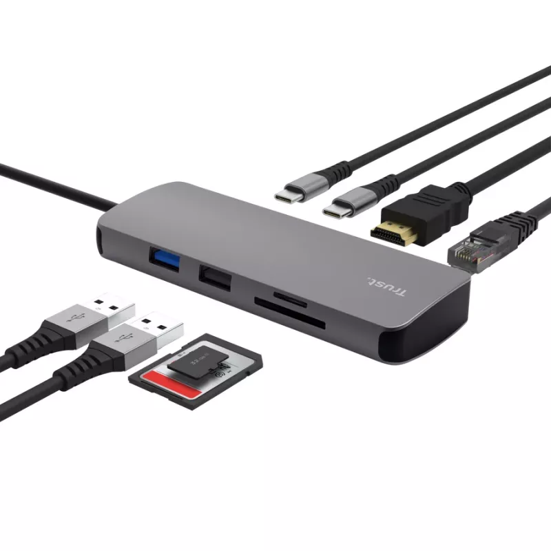 USB Type-C šakotuvas TRUST 25672 — HDMI, RJ-45, USB 3.2 Gen 1 Type-A/Type-C, SD/MicroSD, pilkas