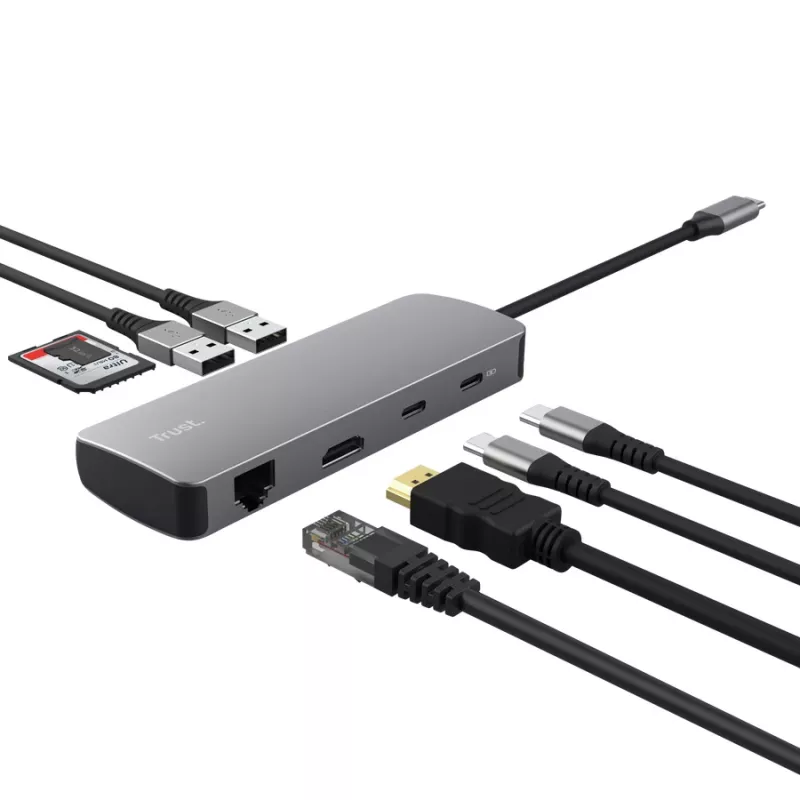 USB Type-C šakotuvas TRUST 25672 — HDMI, RJ-45, USB 3.2 Gen 1 Type-A/Type-C, SD/MicroSD, pilkas