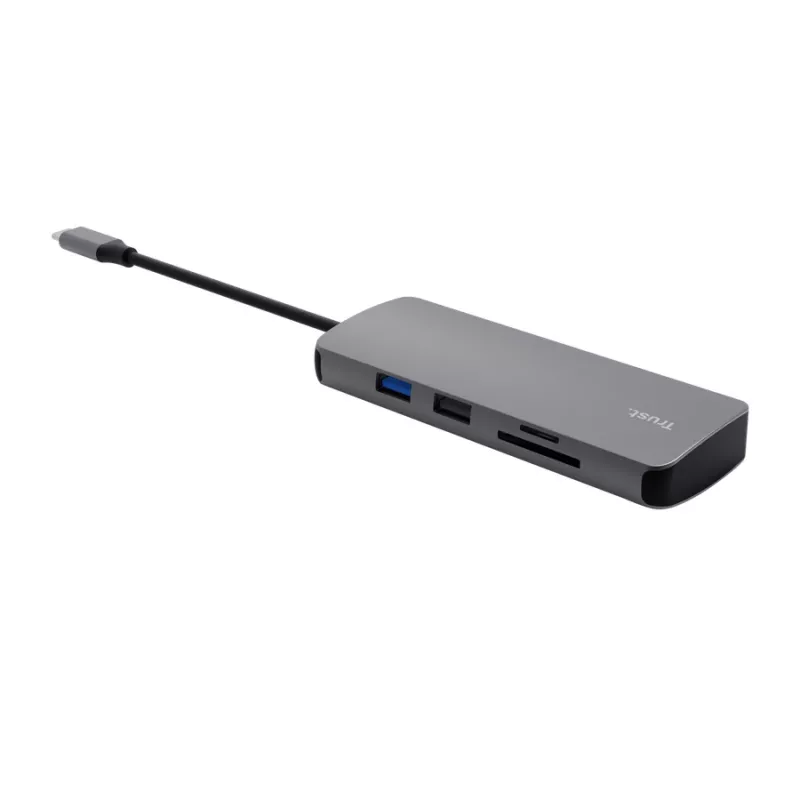 USB Type-C šakotuvas TRUST 25672 — HDMI, RJ-45, USB 3.2 Gen 1 Type-A/Type-C, SD/MicroSD, pilkas
