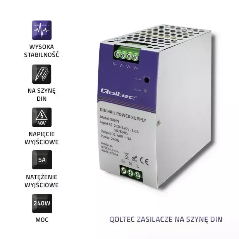 DIN bėgio maitinimo šaltinis QOLTEC 50999, 240W, 48V DC, 5A išėjimas
