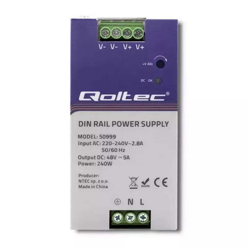 DIN bėgio maitinimo šaltinis QOLTEC 50999, 240W, 48V DC, 5A išėjimas