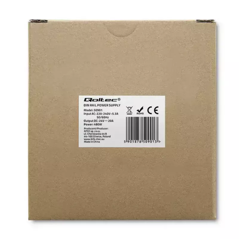 Pramoninis DIN bėgelio maitinimo šaltinis QOLTEC 50901 — 480W, 24V DC, 20A