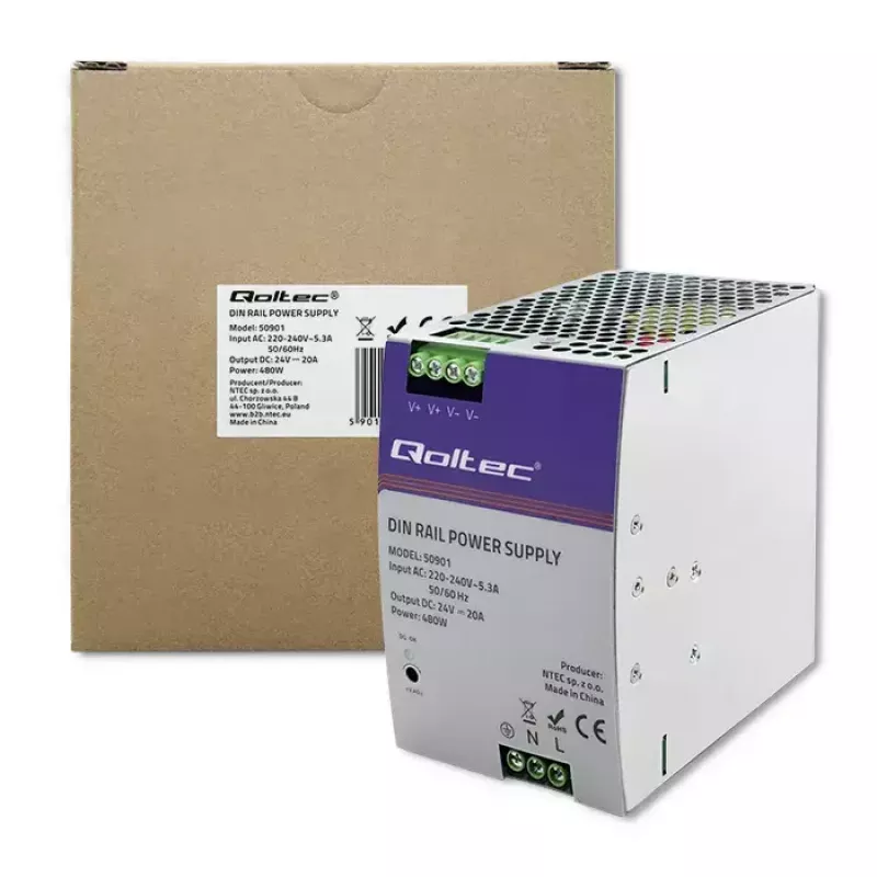 Pramoninis DIN bėgelio maitinimo šaltinis QOLTEC 50901 — 480W, 24V DC, 20A