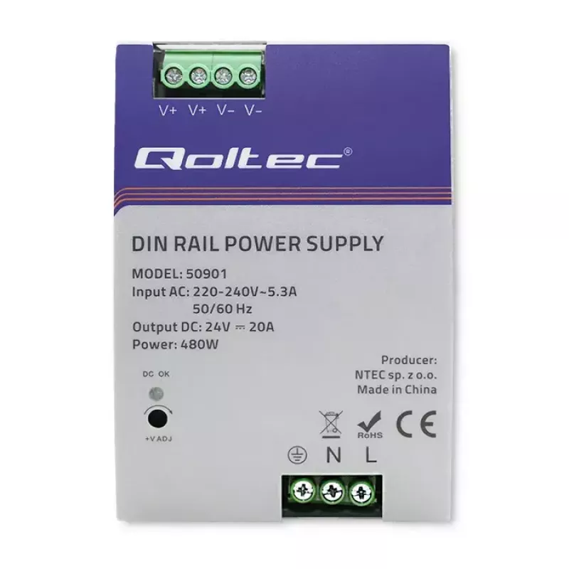 Pramoninis DIN bėgelio maitinimo šaltinis QOLTEC 50901 — 480W, 24V DC, 20A