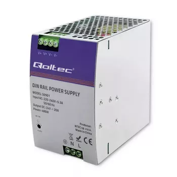 Pramoninis DIN bėgelio maitinimo šaltinis QOLTEC 50901 — 480W, 24V DC, 20A