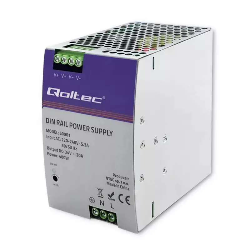 Pramoninis DIN bėgelio maitinimo šaltinis QOLTEC 50901 — 480W, 24V DC, 20A