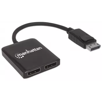 Manhattan DisplayPort 1.2 į 2 prievadų DisplayPort 1.2 skirstytuvas-hub su MST, 4K@30Hz, maitinamas per USB-A, vaizdo sienos funkcija, juodas, MST = kelių srautų perdavimas, 3 metų garantija