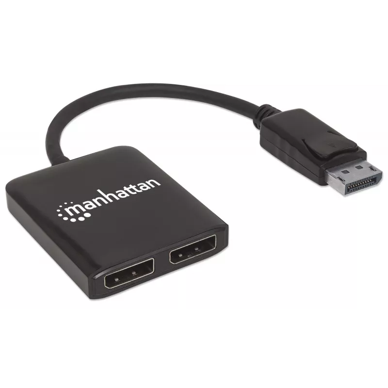 Manhattan DisplayPort 1.2 į 2 prievadų DisplayPort 1.2 skirstytuvas-hub su MST, 4K@30Hz, maitinamas per USB-A, vaizdo sienos funkcija, juodas, MST = kelių srautų perdavimas, 3 metų garantija