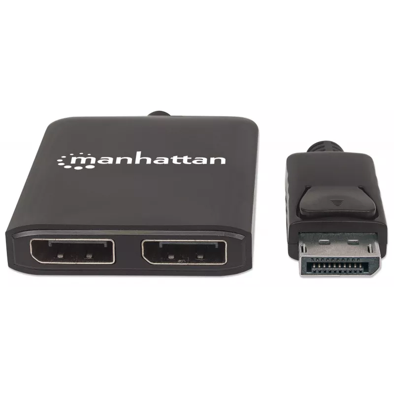 Manhattan DisplayPort 1.2 į 2 prievadų DisplayPort 1.2 skirstytuvas-hub su MST, 4K@30Hz, maitinamas per USB-A, vaizdo sienos funkcija, juodas, MST = kelių srautų perdavimas, 3 metų garantija
