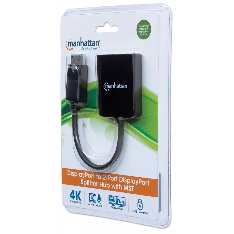 Manhattan DisplayPort 1.2 į 2 prievadų DisplayPort 1.2 skirstytuvas-hub su MST, 4K@30Hz, maitinamas per USB-A, vaizdo sienos funkcija, juodas, MST = kelių srautų perdavimas, 3 metų garantija