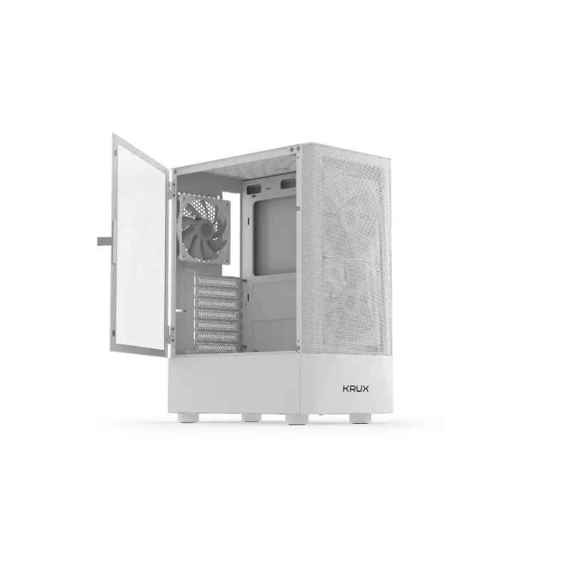 PC korpusas KRUX VAKO KRXD005 ATX juodas — grūdintas stiklas, RGB, palaiko Micro-ITX/ATX, 2×3,5 colio + 2×2,5 colio nišos, GPU iki 31 cm